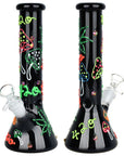 420 Leaf and Shroom Glow In Dark Glass Beaker Water Pipe - 9.5" / 14mm F