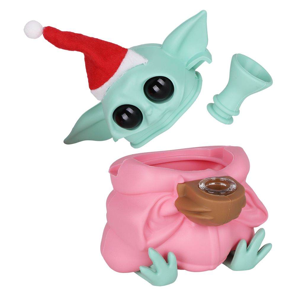 3CT BUNDLE - Cute Little Christmas Alien Silicone Water Pipe w Glass Bowl - 4.75"