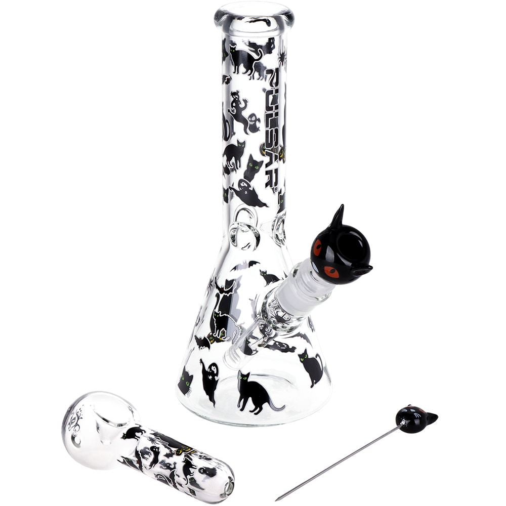 Pulsar Superstitious Kitty GLOW Glass Herb Pipe Duo - 9.75" / 14mm F