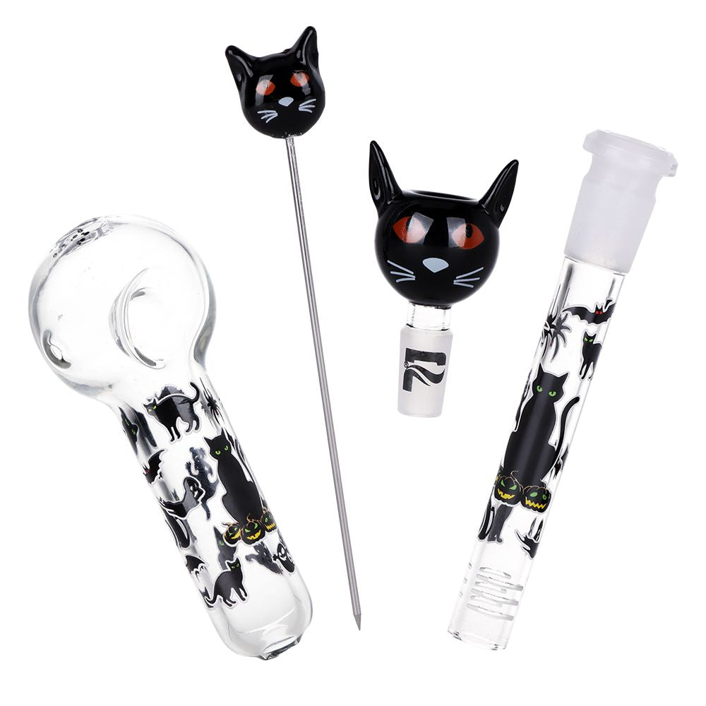 Pulsar Superstitious Kitty GLOW Glass Herb Pipe Duo - 9.75" / 14mm F
