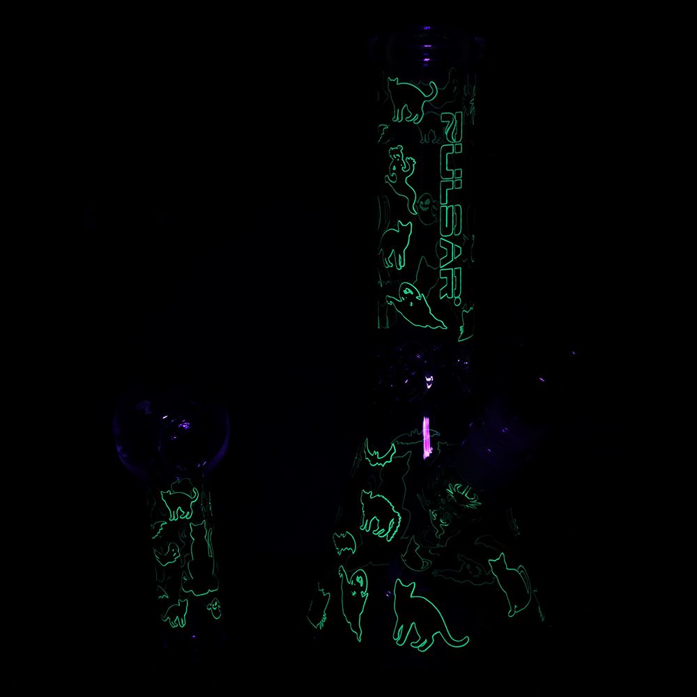 Pulsar Superstitious Kitty GLOW Glass Herb Pipe Duo - 9.75" / 14mm F