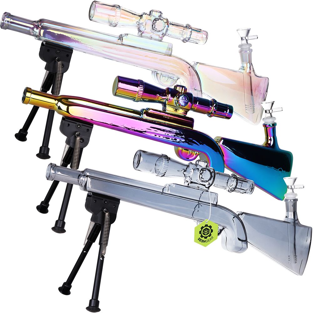 SeshGear Sniper Rifle Electroplated Glass Water Pipe w/ Stand - 19.75" / 14mm F / Clear, Smoke, Rainbow