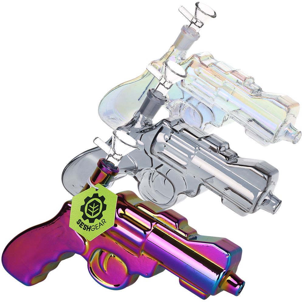 3CT BUNDLE - SeshGear Snub Nose Revolver Glass Water Pipe - 7.5" / 14mm F / Clear, smoke, electroplated