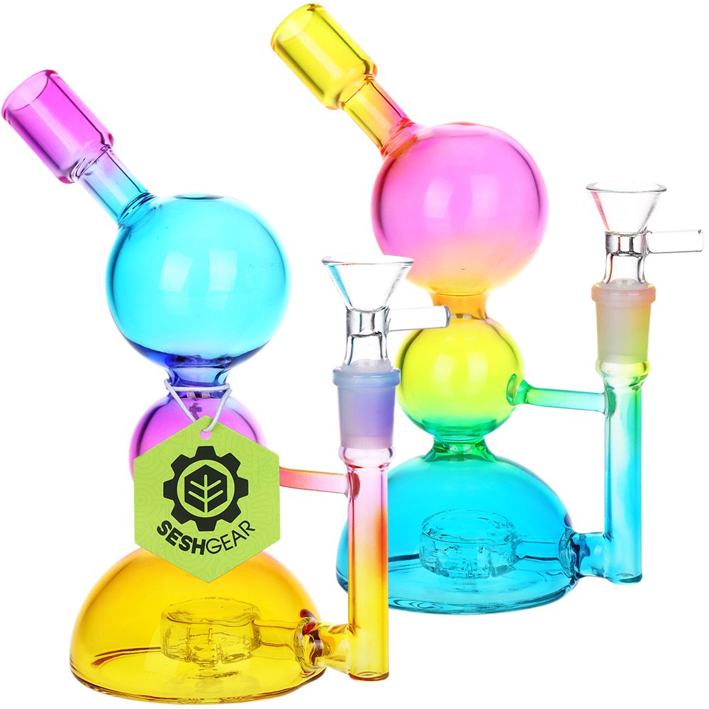 2CT BUNDLE - SeshGear Double Bubble Glass Water Pipe - 7" / 14mm F / Colors Vary