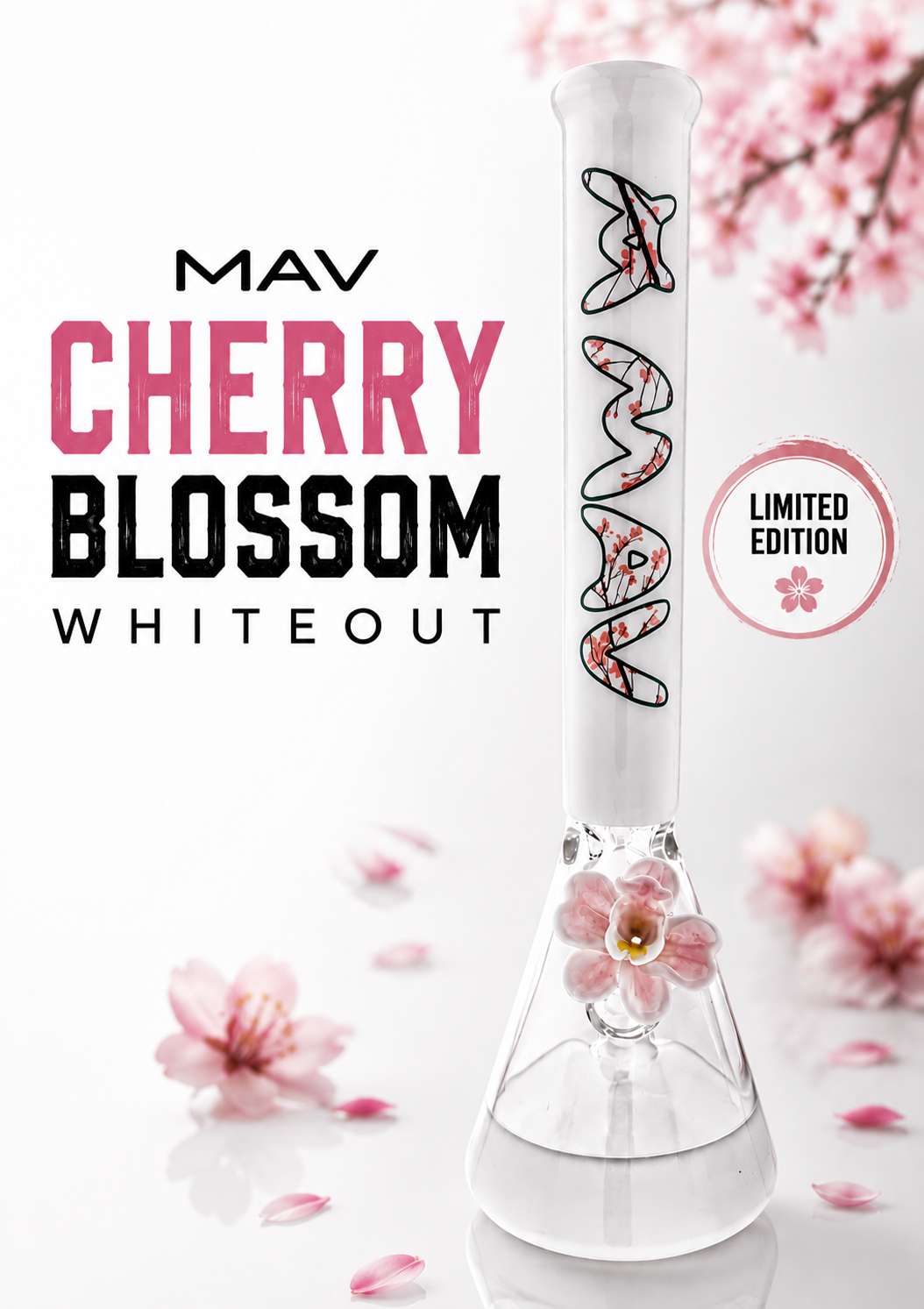 THE CHERRY 18" 50/5mm beaker bong whiteout version with a matching orchid flower bowl by empire glassworks