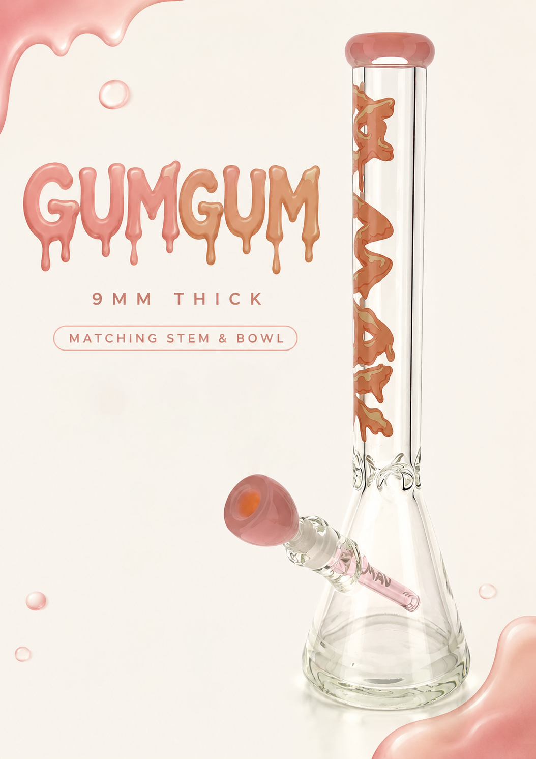 THE GUMGUM 9mm 18" thick pink top colored beaker bong+ matching stem and bowl