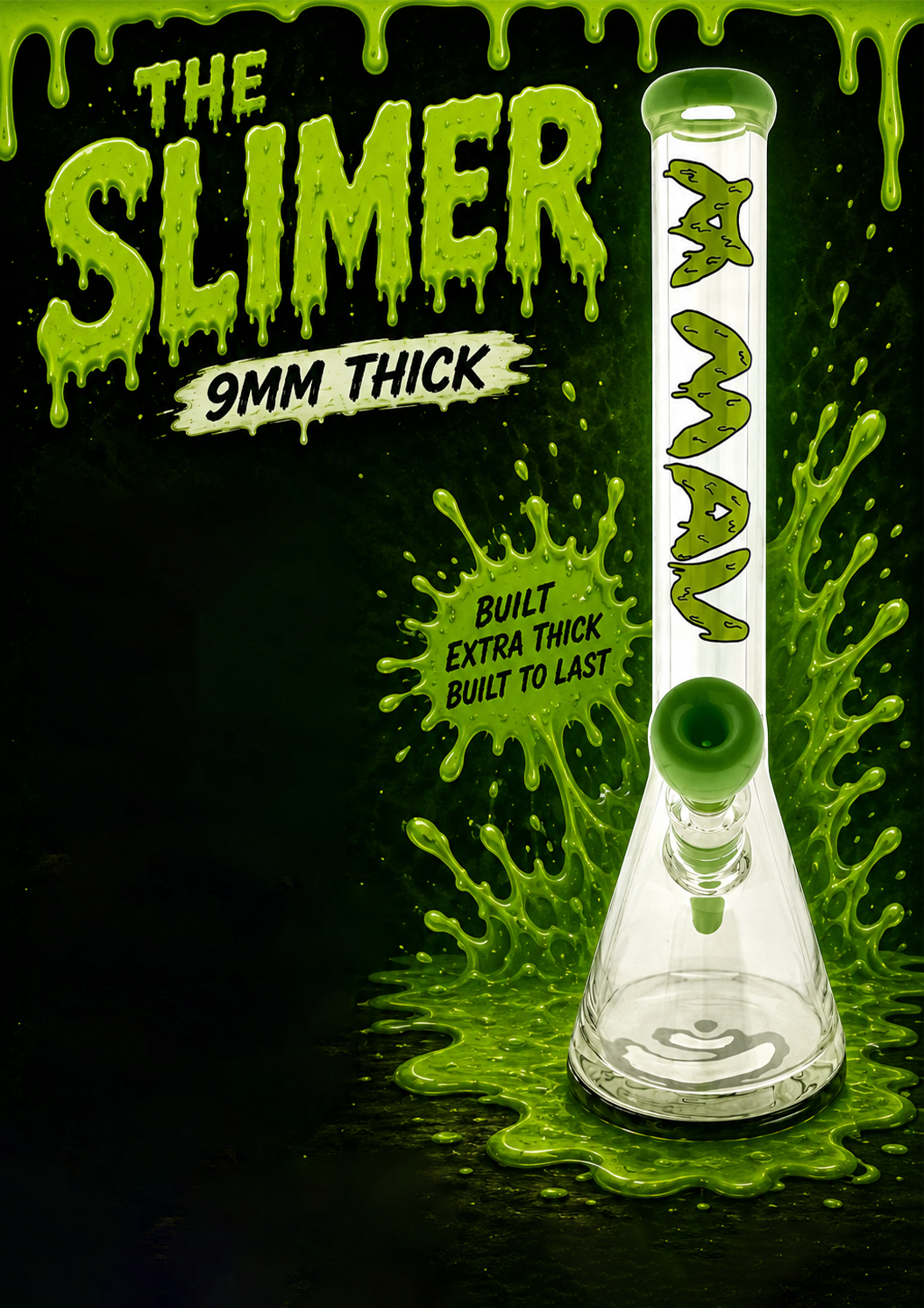 THE SLIMER 9mm 18" thick slime colored beaker bong+ matching stem and bowl